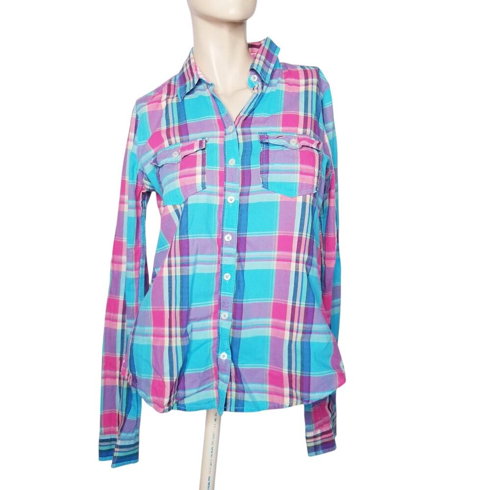 Hollister California Shirt Aqua Blue Pink Plaid Button Up Logo Medium Y2K Preppy